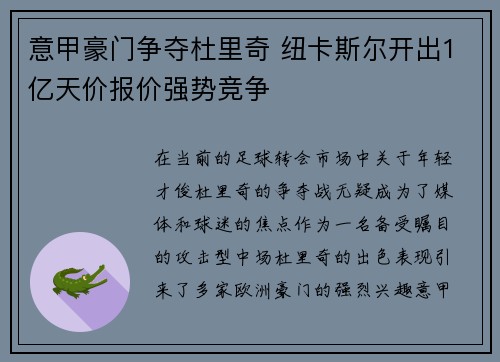 意甲豪门争夺杜里奇 纽卡斯尔开出1亿天价报价强势竞争
