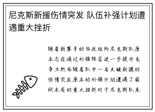尼克斯新援伤情突发 队伍补强计划遭遇重大挫折